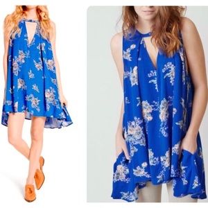 Free People Tree Swing Mini Dress Royal Blue Crepe High Neck Deep V Tunic S